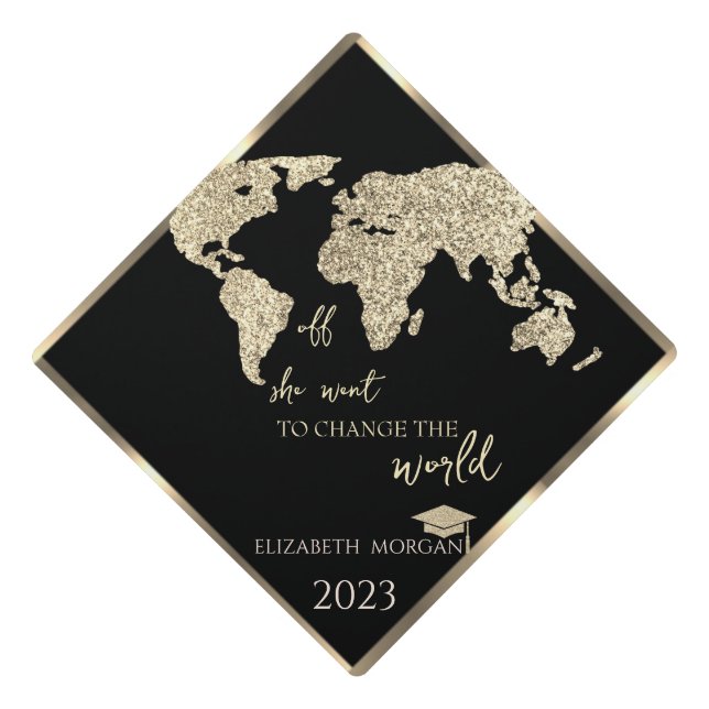 Glitter World Map,Grad Cap -Motivational Message (Front)