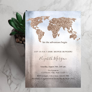 Glitter World Map Metallic Baby Shower Invitation
