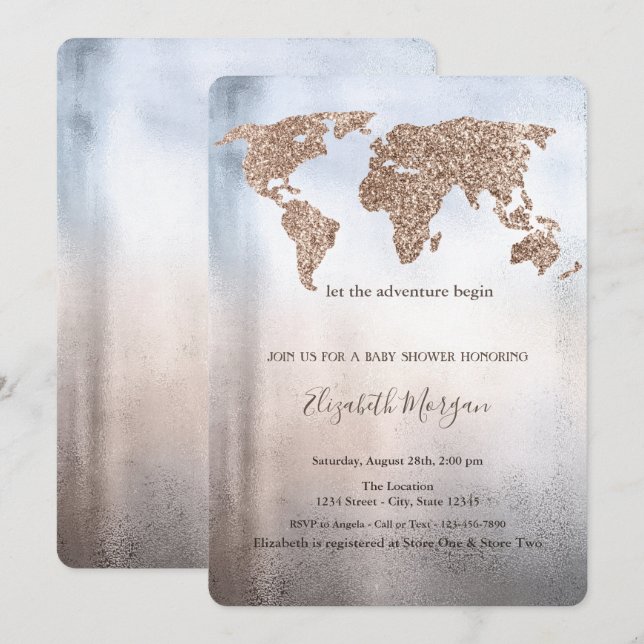 Glitter World Map Metallic Baby Shower  Invitation (Front/Back)