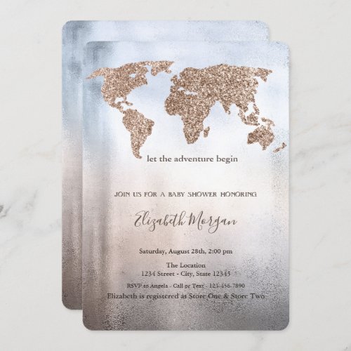 Glitter World Map Metallic Baby Shower  Invitation