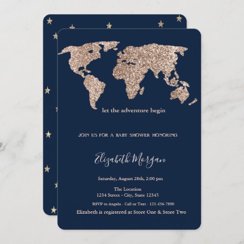 Glitter World Map Stars Baby Shower  Invitation