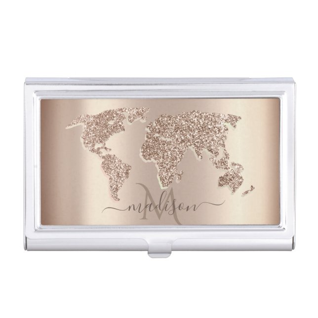 Glitter World Map Travel Monogram   Business Card Case (Front)