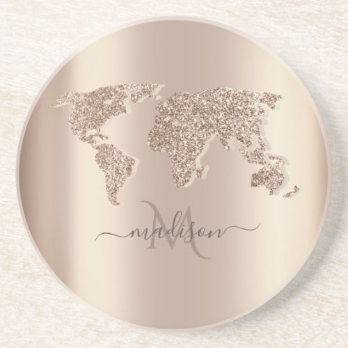 Glitter World Map Travel Monogram     Coaster