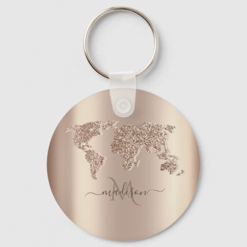 Glitter World Map Travel Monogram      Keychain