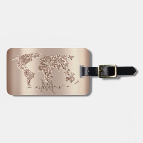 Glitter World Map Travel Monogram  Luggage Tag