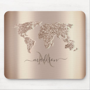 Glitter World Map Travel Monogram Mouse Pad