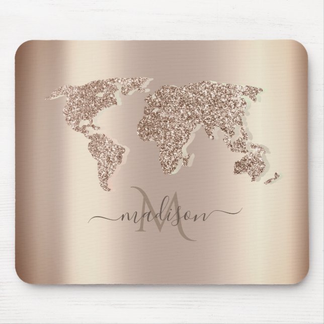 Glitter World Map Travel Monogram   Mouse Pad (Front)