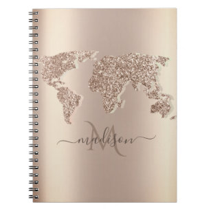 Glitter World Map Travel Monogram   Notebook