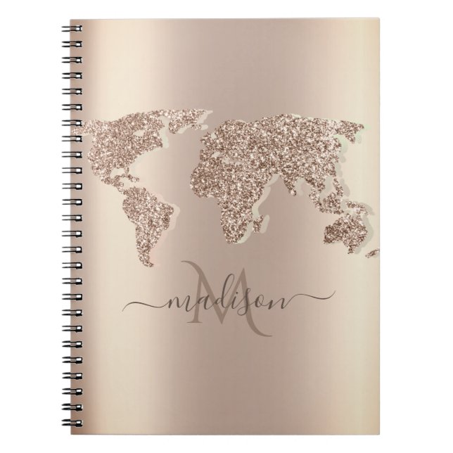 Glitter World Map Travel Monogram   Notebook (Front)