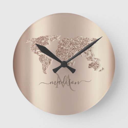 Glitter World Map Travel Monogram     Round Clock