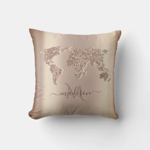 Glitter World Map Travel Monogram Throw Pillow