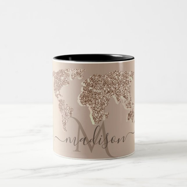 Glitter World Map Travel Monogram     Two-Tone Coffee Mug (Center)