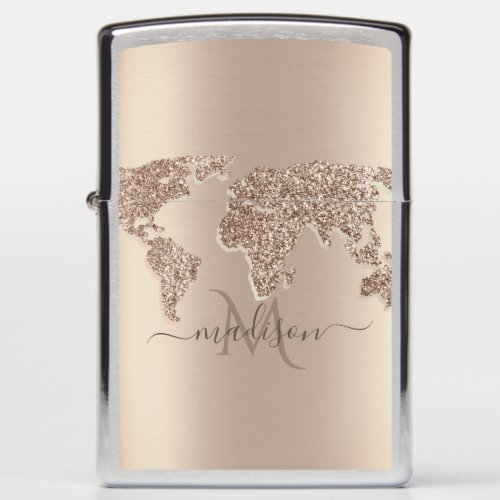 Glitter World Map Travel Monogram  Zippo Lighter