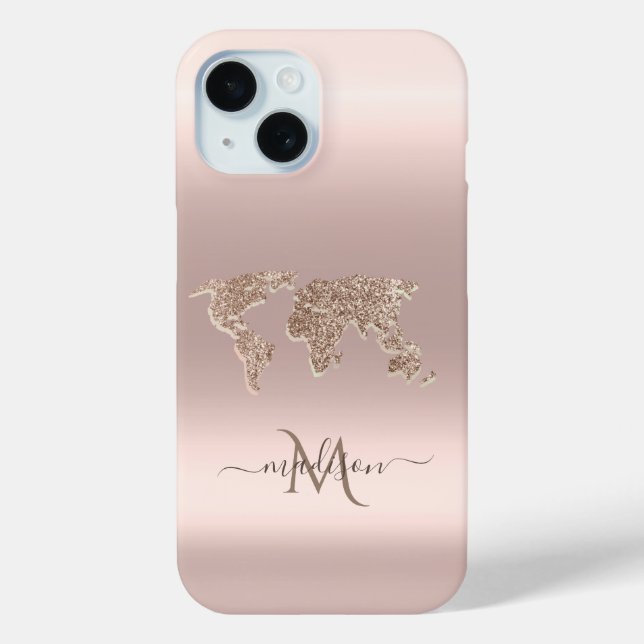 Glitter World Map Travel Rose Gold Monogram  Case-Mate iPhone Case (Back)