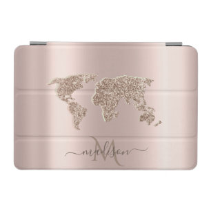 Glitter World Map Travel Rose Gold Monogram iPad Mini Cover