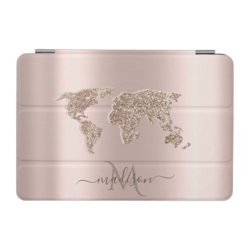 Glitter World Map Travel Rose Gold Monogram iPad Mini Cover