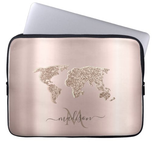 Glitter World Map Travel Rose Gold Monogram  Laptop Sleeve