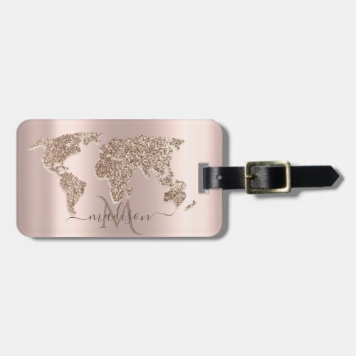 Glitter World Map Travel Rose Gold Monogram  Luggage Tag
