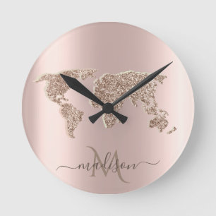 Glitter World Map Travel Rose Gold Monogram Round Clock