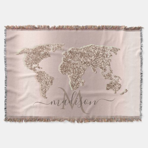 Glitter World Map Travel Rose Gold Monogram  Throw Blanket