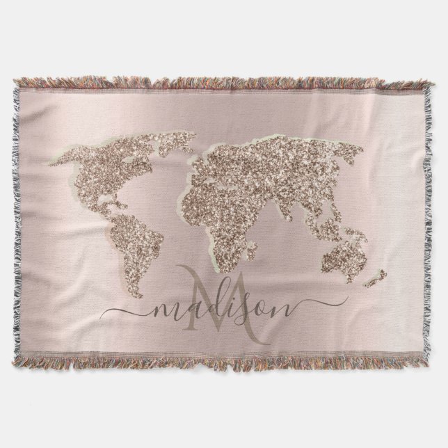 Glitter World Map Travel Rose Gold Monogram  Throw Blanket (Front)