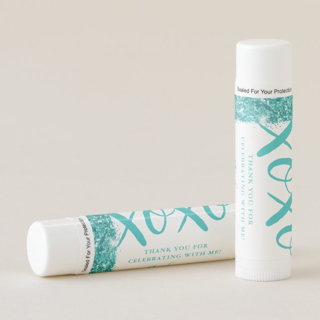 Glitter XOXO Teal Blue Birthday Mitzvah Favor Lip Balm (Front)