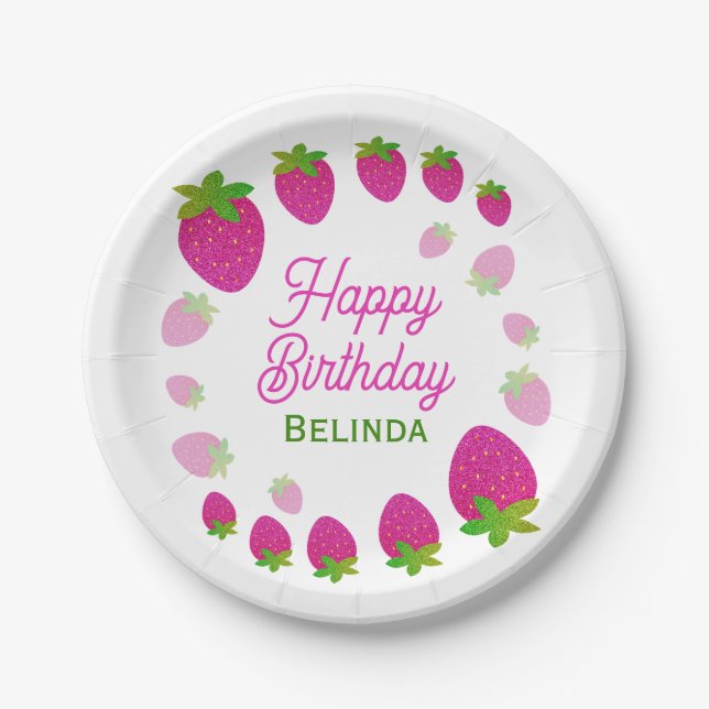 Glitter Y2K Strawberry Berry Birthday Paper Plates (Front)