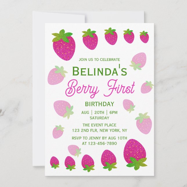 Glitter Y2K Strawberry Berry First 1st Birthday Invitation (Front)