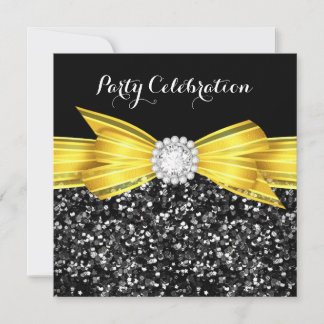 Glitter Yellow Bow Black Diamond Luxury Party Invitation