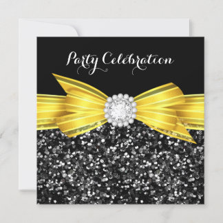 Glitter Yellow Bow Black Diamond Luxury Party Invitation
