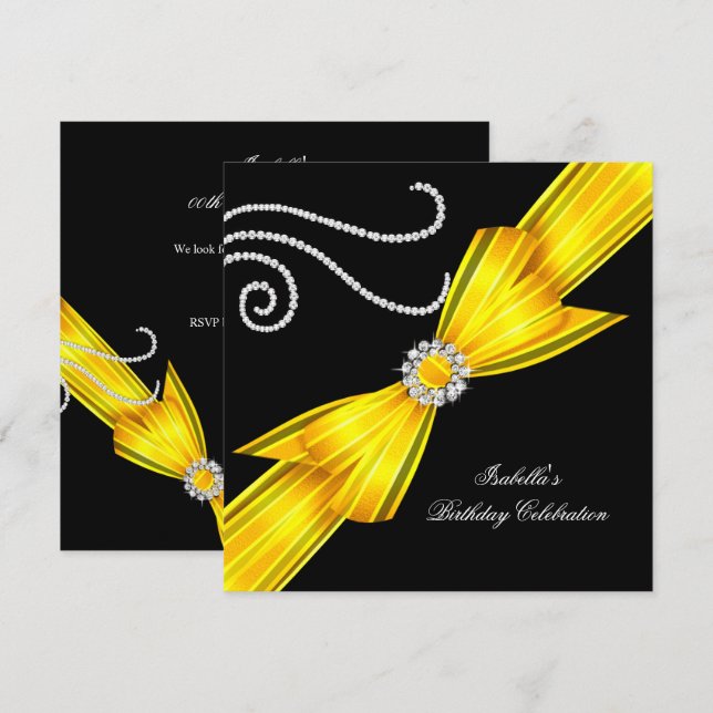 Glitter Yellow Diamond Bow Black Birthday Party Invitation (Front/Back)