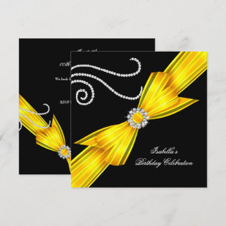 Glitter Yellow Diamond Bow Black Birthday Party Invitation