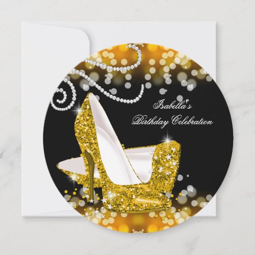 Glitter Yellow Gold High Heels Diamonds Birthday Invitation