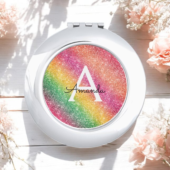 Glitter Yellow Green Gold Pink Rainbow Name Compact Mirror (Creator Uploaded)