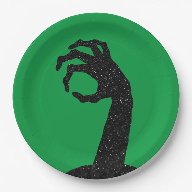Glitter Zombie Hand Halloween Paper Plates (Front)