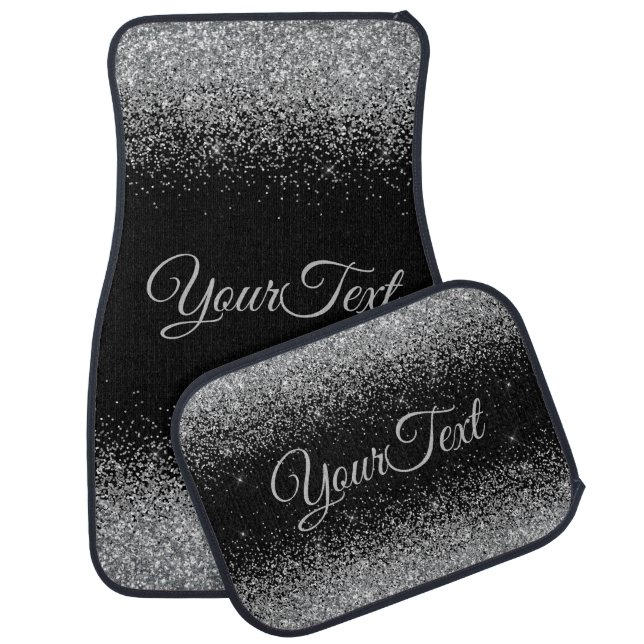 Glittered Custom Text Silver Black Car Mats (Set)