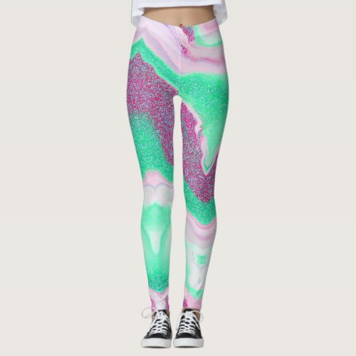 Glittered Marble  Fresh Mint Green Magenta Pink Leggings