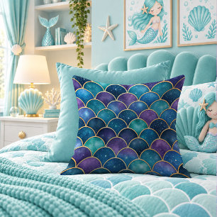 Glittering Aqua Mermaid Scales Trendy Throw Pillow