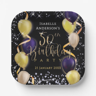 Glittering Balloons 50th Birthday Black Paper Plates