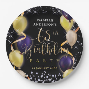 Glittering Balloons 65th Birthday Black Paper Plates