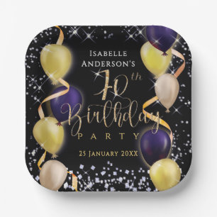 Glittering Balloons 70th Birthday Black Paper Plates