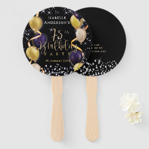 Glittering Balloons 75th Birthday Black Hand Fan