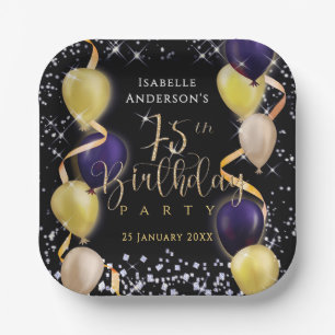 Glittering Balloons 75th Birthday Black Paper Plates