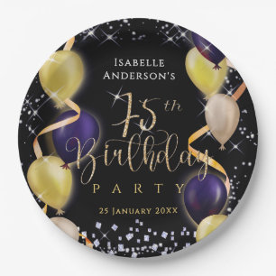 Glittering Balloons 75th Birthday Black Paper Plates