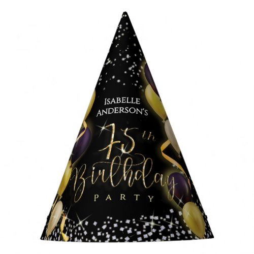 Glittering Balloons 75th Birthday Black Party Hat