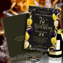 Glittering Balloons 75th Birthday Invitation Black