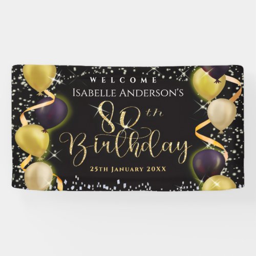 Glittering Balloons 80th Birthday Black Banner