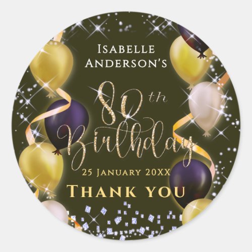 Glittering Balloons 80th Birthday Black Classic Round Sticker