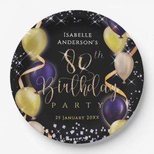 Glittering Balloons 80th Birthday Black Paper Plates