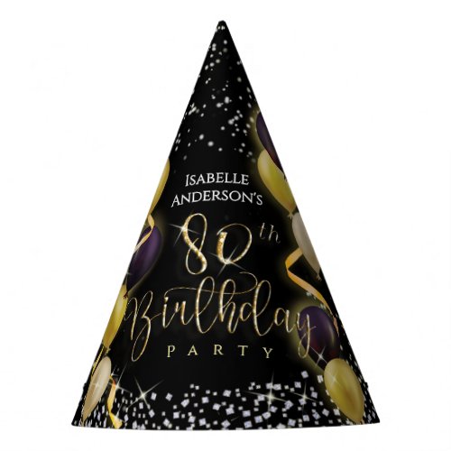 Glittering Balloons 80th Birthday Black Party Hat